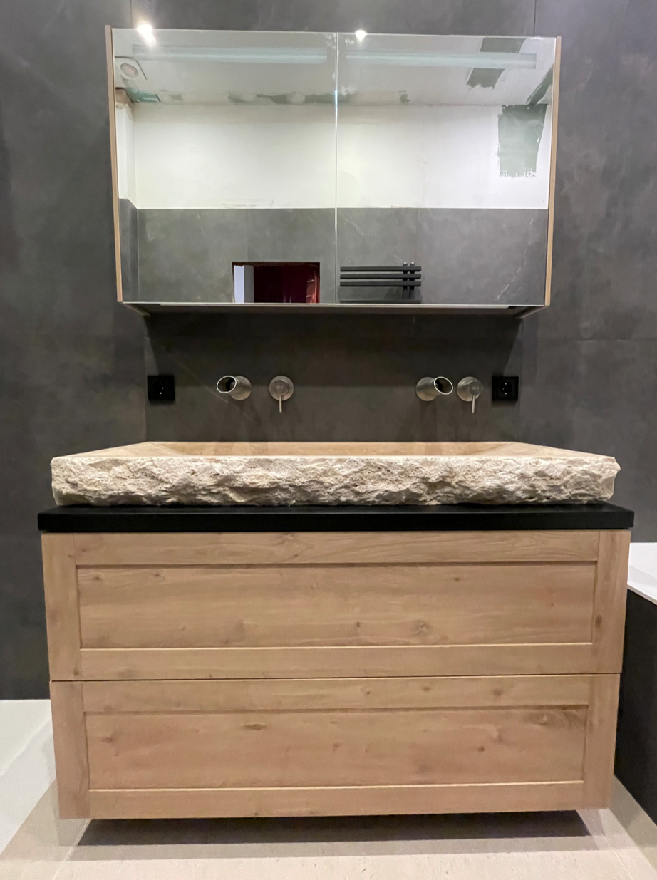 Light Travertine Rectangular Vessel Sink - Honed Hand-Split 16x48
