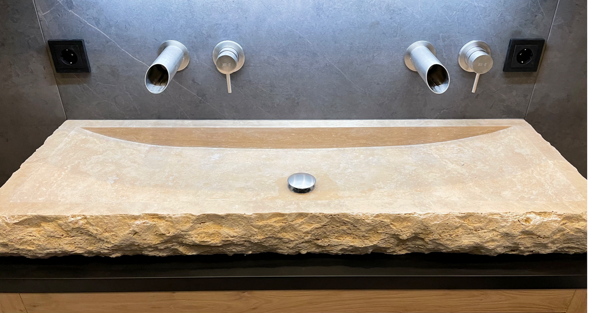Light Travertine Rectangular Vessel Sink - Honed Hand-Split 16x48
