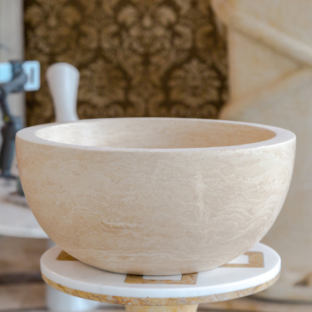 Light Travertine Natural Stone Round Vessel Sink 12.5 Inch Diameter 6 Inch Height
