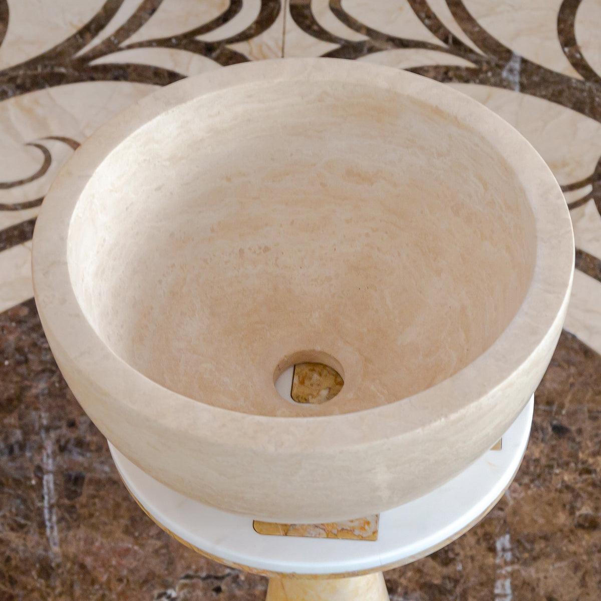 Light Travertine Natural Stone Round Vessel Sink 12.5 Inch Diameter 6 Inch Height