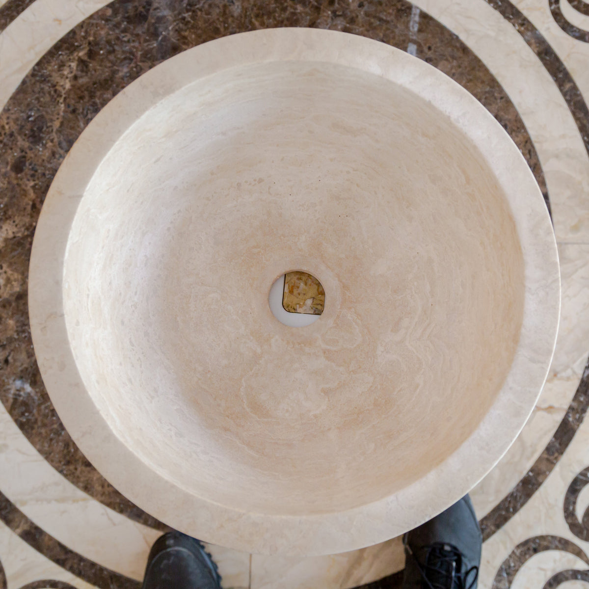 Light Travertine Natural Stone Round Vessel Sink 12.5 Inch Diameter 6 Inch Height