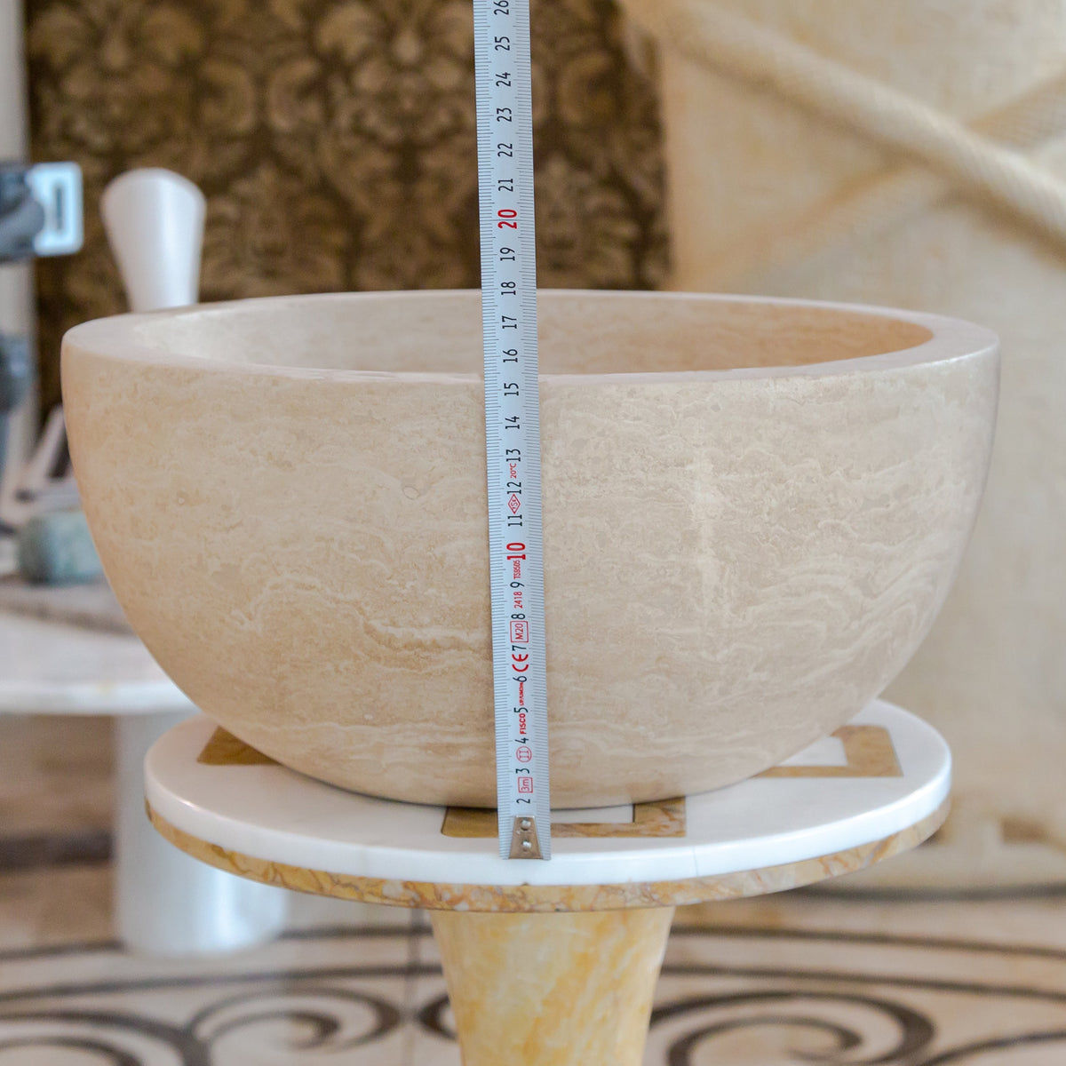 Light Travertine Natural Stone Round Vessel Sink 12.5 Inch Diameter 6 Inch Height