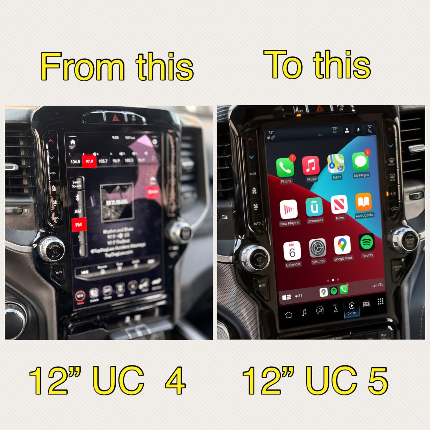 2019-2024 RAM 1500 UBQ Uconnect 5 Upgrade kit with 12-inch Touchscreen including Wireless Apple CarPlay / Android Auto