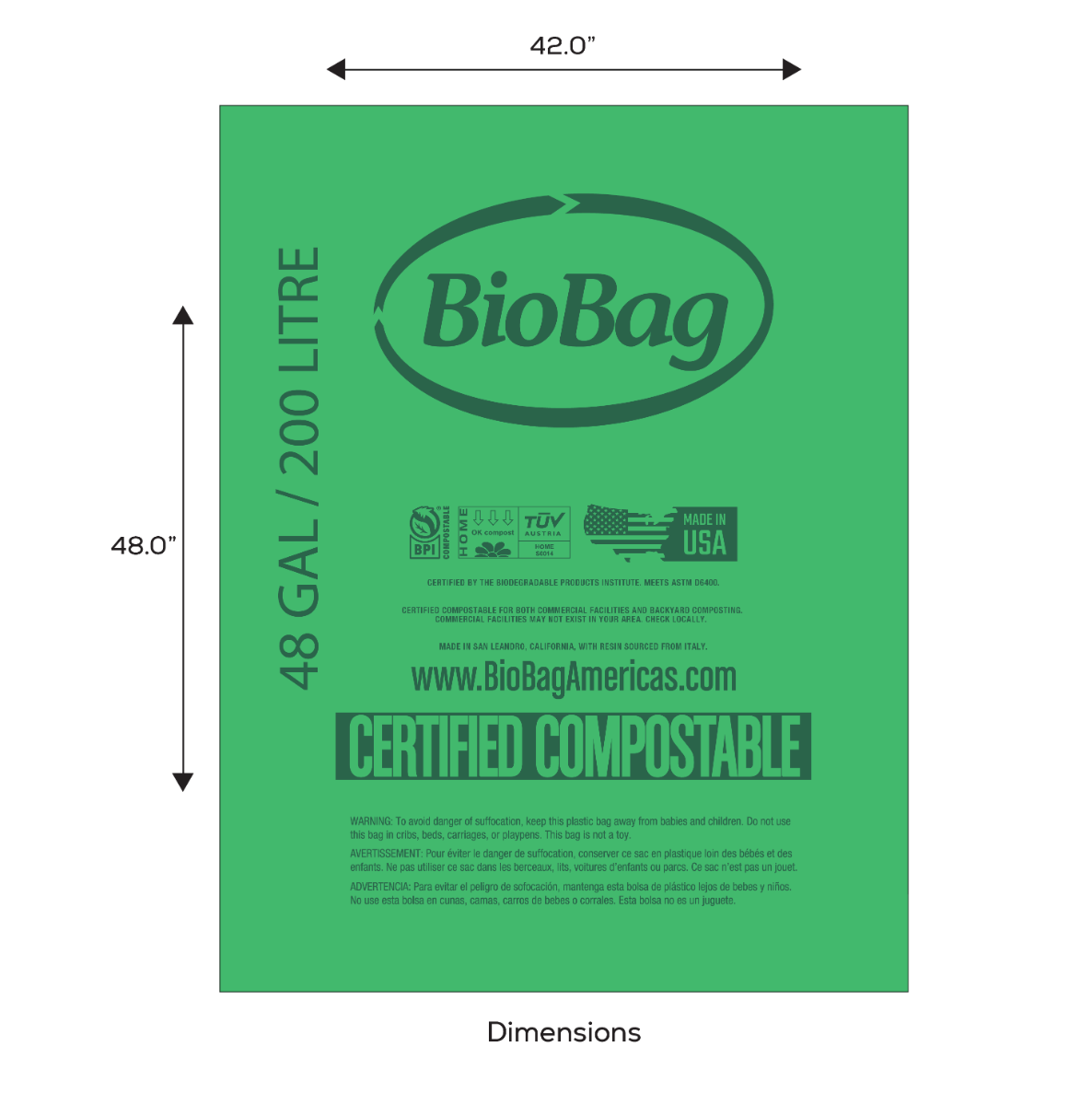 BioBag 48 Gallon Compostable Bags 42x48 (QTY 80), SKU 48G4248