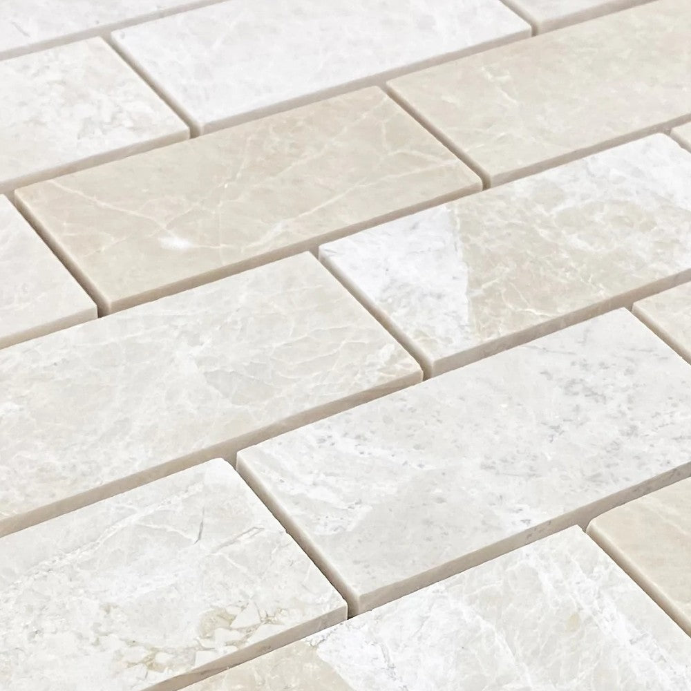 Vanilla Beige Marble 2"x4" Brick Honed on 12" x 12" Mesh Mosaic Tile