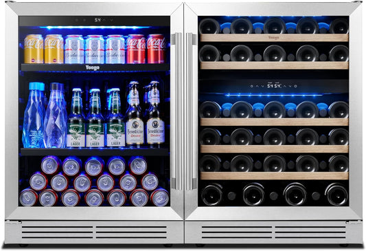 Yeego 48 inch Wine & Beverage Fridge Combo - Dual Zone Wine Cooler with Glass Doors, Hold 47 Bottles and 180 Cans, Built-in, Under Counter & Freestanding, Ideal for Bars, Offices, Restaurants