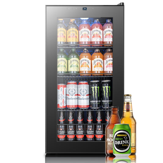 Yeego Beverage Refrigerator, 130 Can Mini Fridge with Glass Door, Adjustable Shelves, Digital Temperature Control 34°F-54°F, Drink Cooler for Soda, Beer and Wine, Freestanding or Under Counter, Black