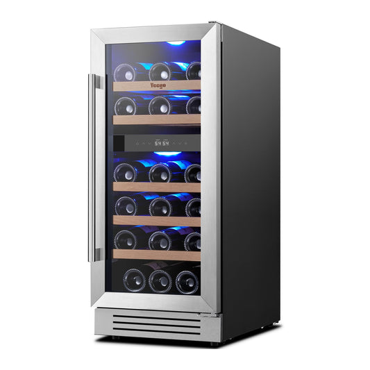 Yeego Wine Fridge Cooler - 15 Inch Dual Zone Wine Fridge Hold 28 Bottles, 40-65°F Wine Refrigerator Glass Door, Built in, Freestanding Under Counter Fridge for Beer Soda Drink Home Bar Office